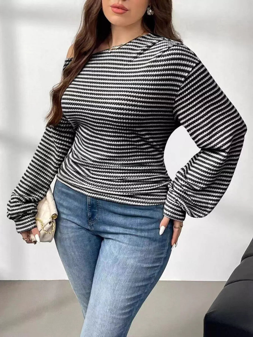 Plus Size Striped One-Shoulder Long Sleeve T-Shirt