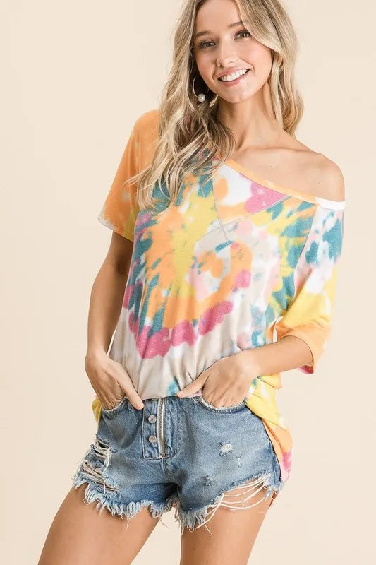 BiBi Tie Dye Print Short Sleeve T-Shirt with Raglan Sleeves