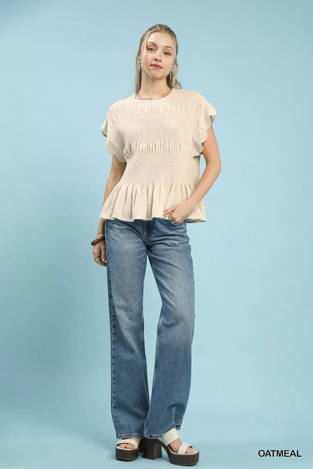 Umgee Linen Blend Smocked Peplum Blouse