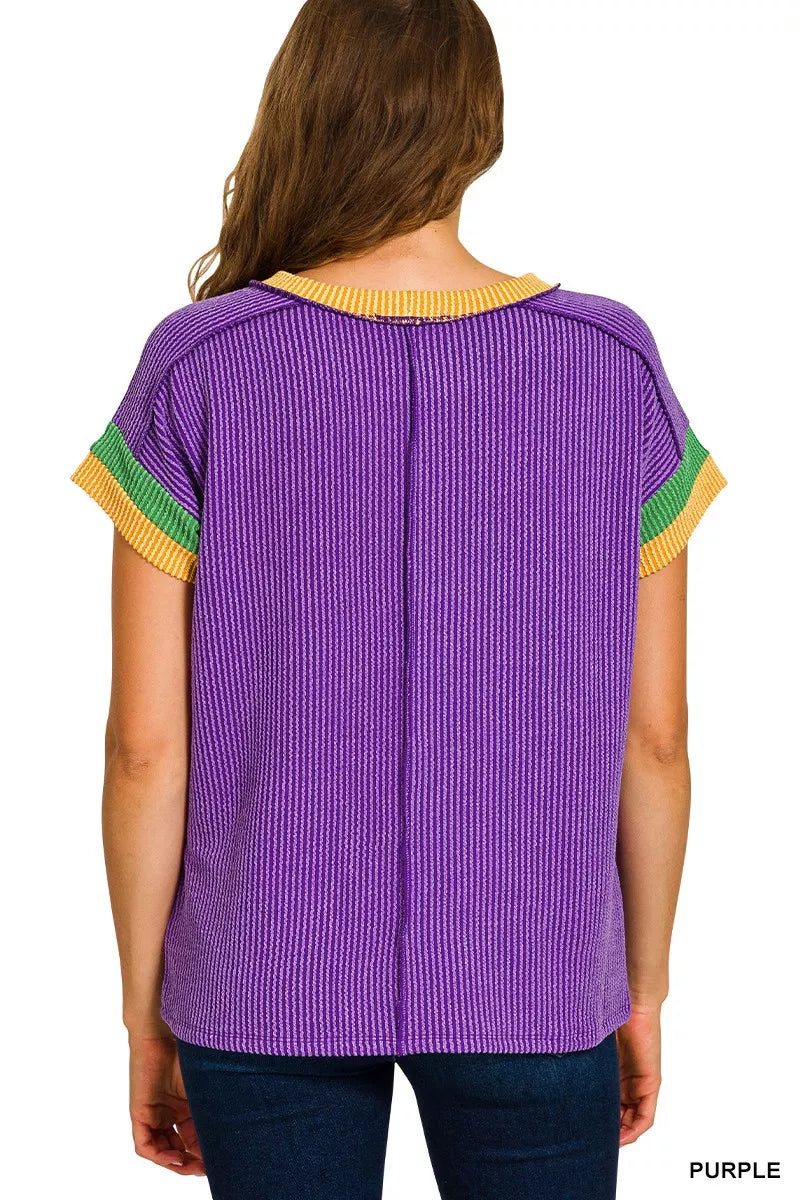Zenana Mardi Gras Raised Rib Contrast Trim Top