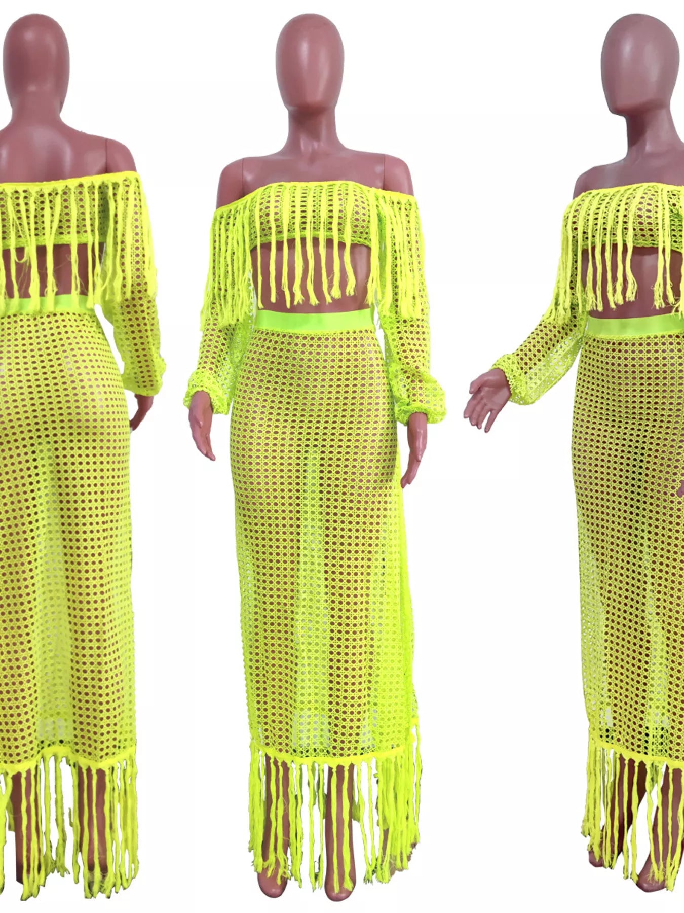 Full Size Crochet Off-Shoulder Fringe Top and Skirt Set Plus Size