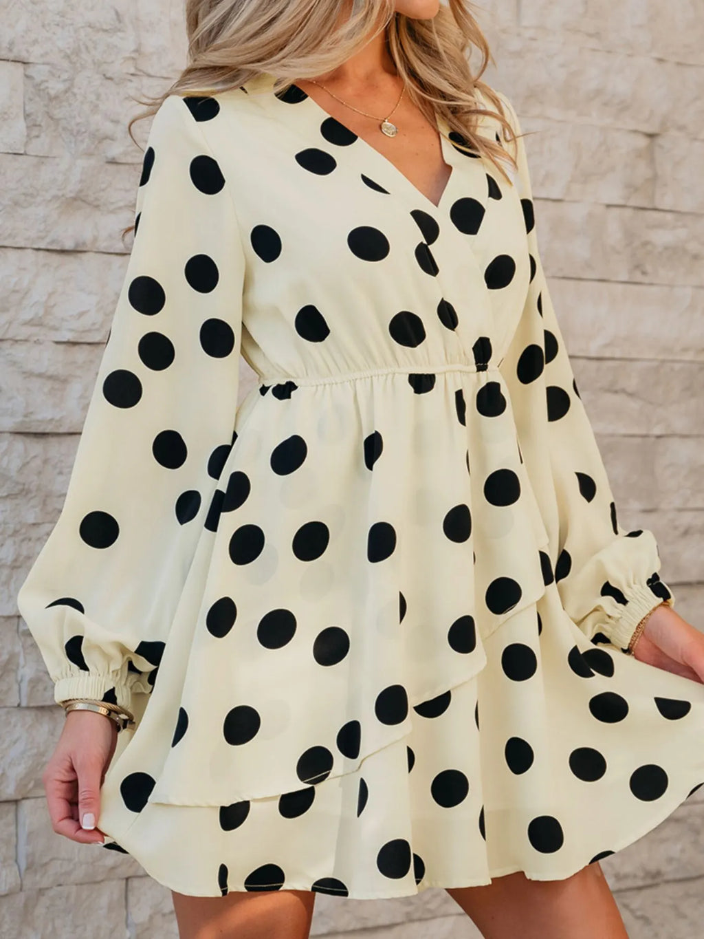 Polka Dot Surplice Puff Sleeve Mini Dress
