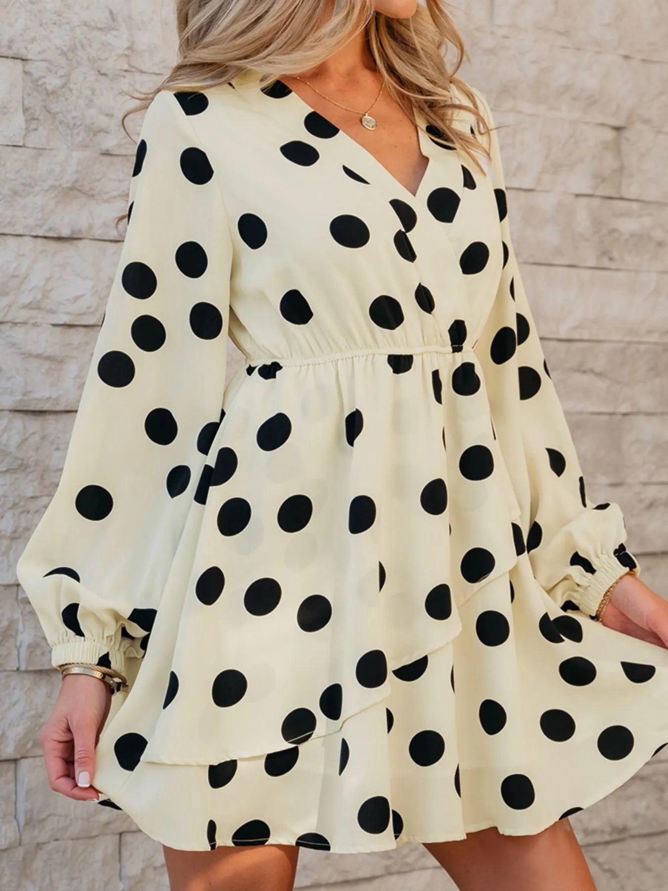 Polka Dot Surplice Puff Sleeve Mini Dress