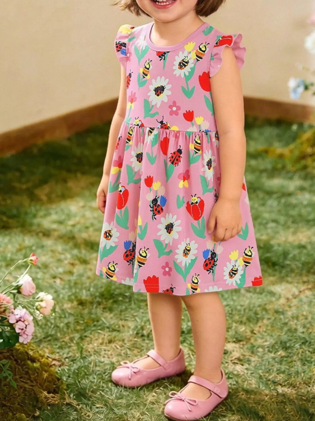 Children's Floral & Insect Print Ruffle Sleeve Casual Dress