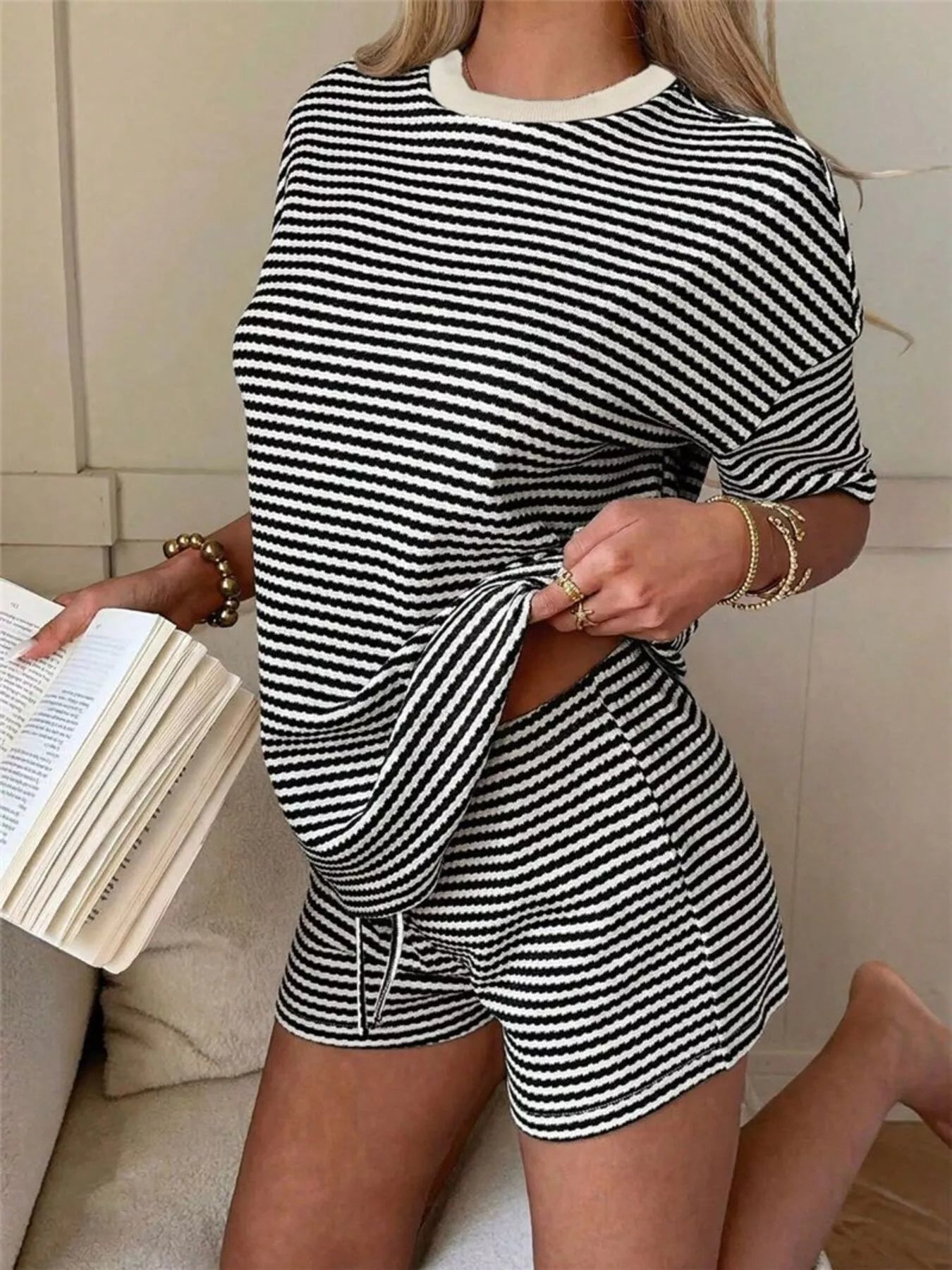 Striped Round Neck Tee and Shorts Set