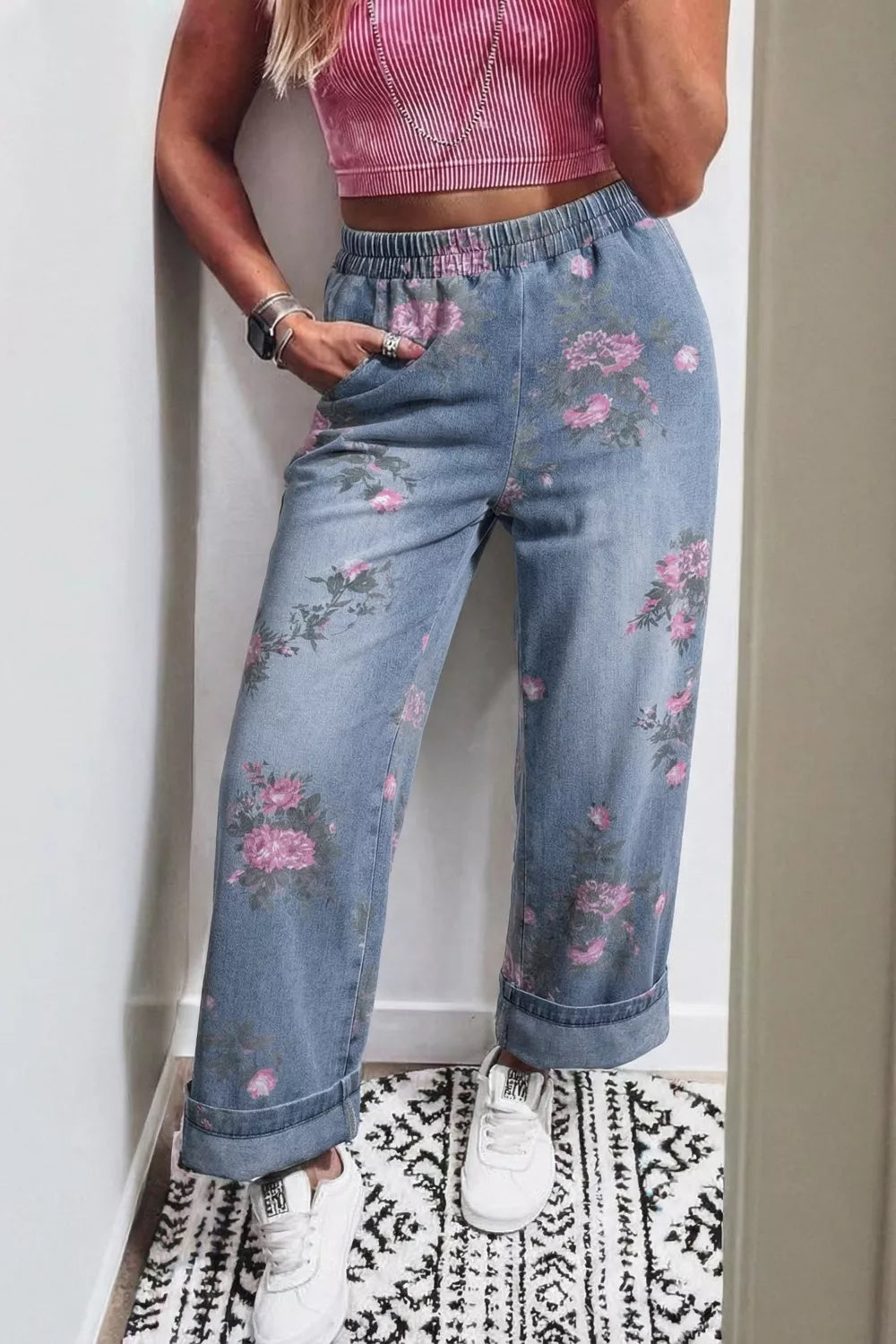 Floral Print Wide Leg Elastic Waist Jeans