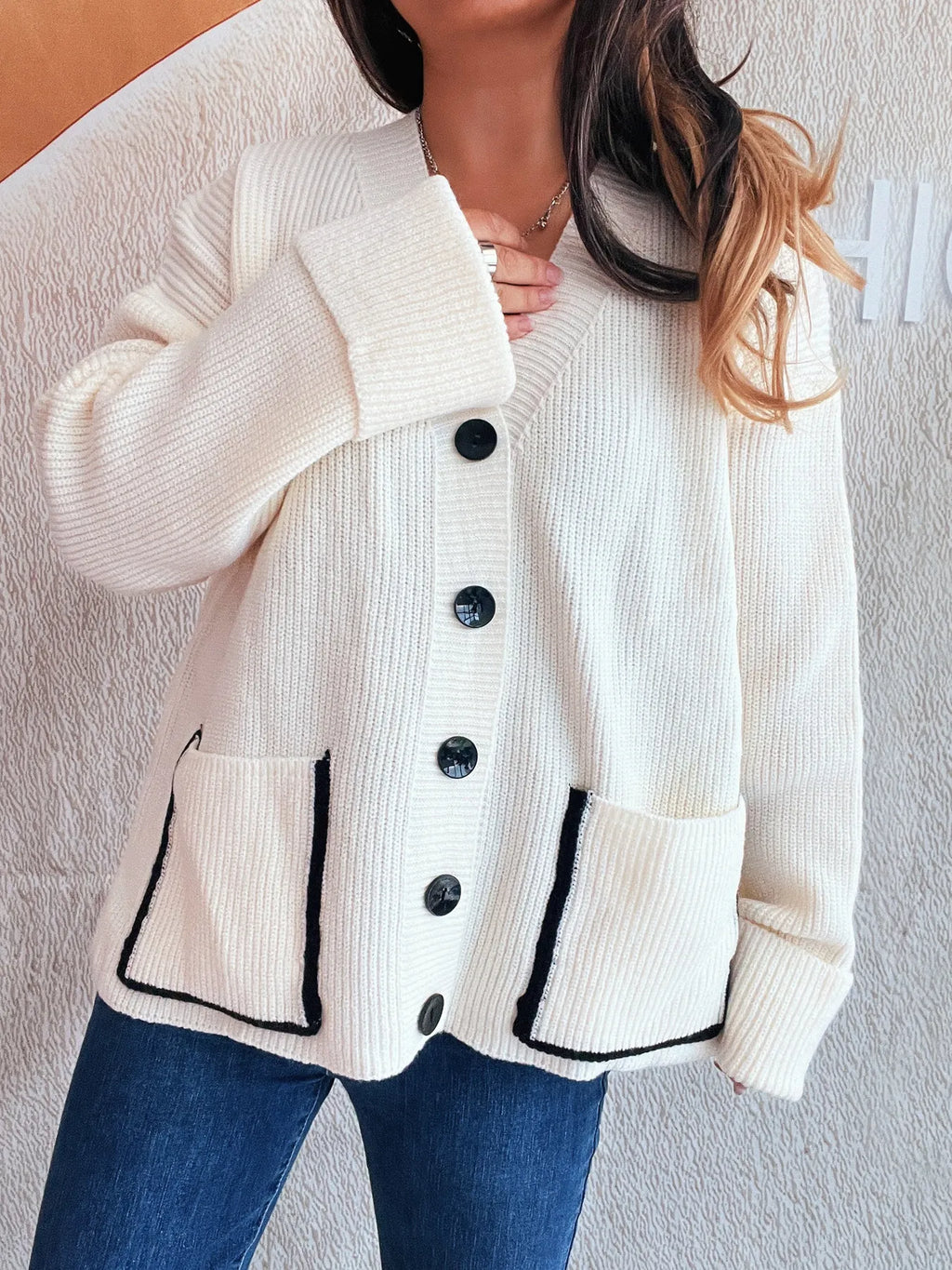 Button-Front Ribbed Cardigan with V-Neck