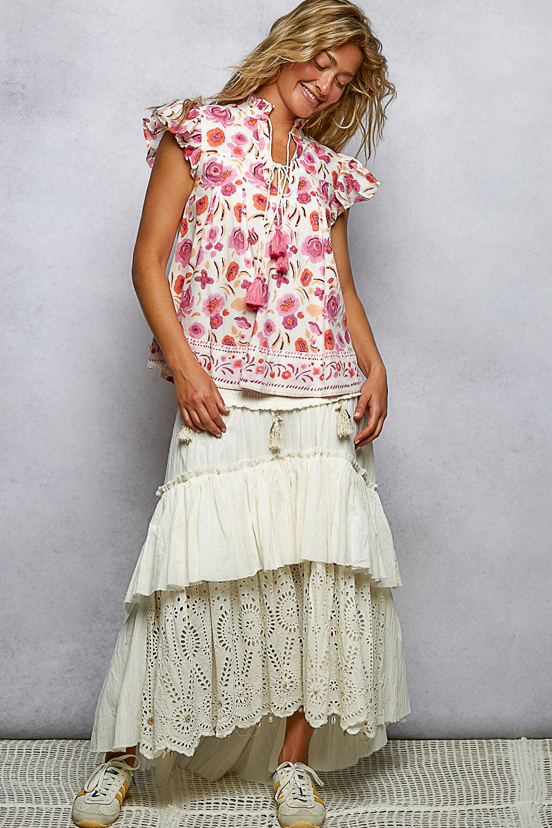 POL Tassel Tied Floral Flutter Sleeve Blouse