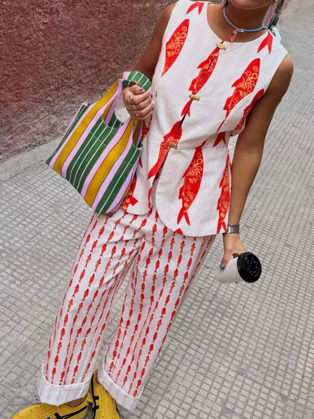 Fish Print Sleeveless Top and Pants Set