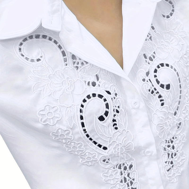 Women’s Contrast Lace Long-Sleeve Button‑Down Blouse