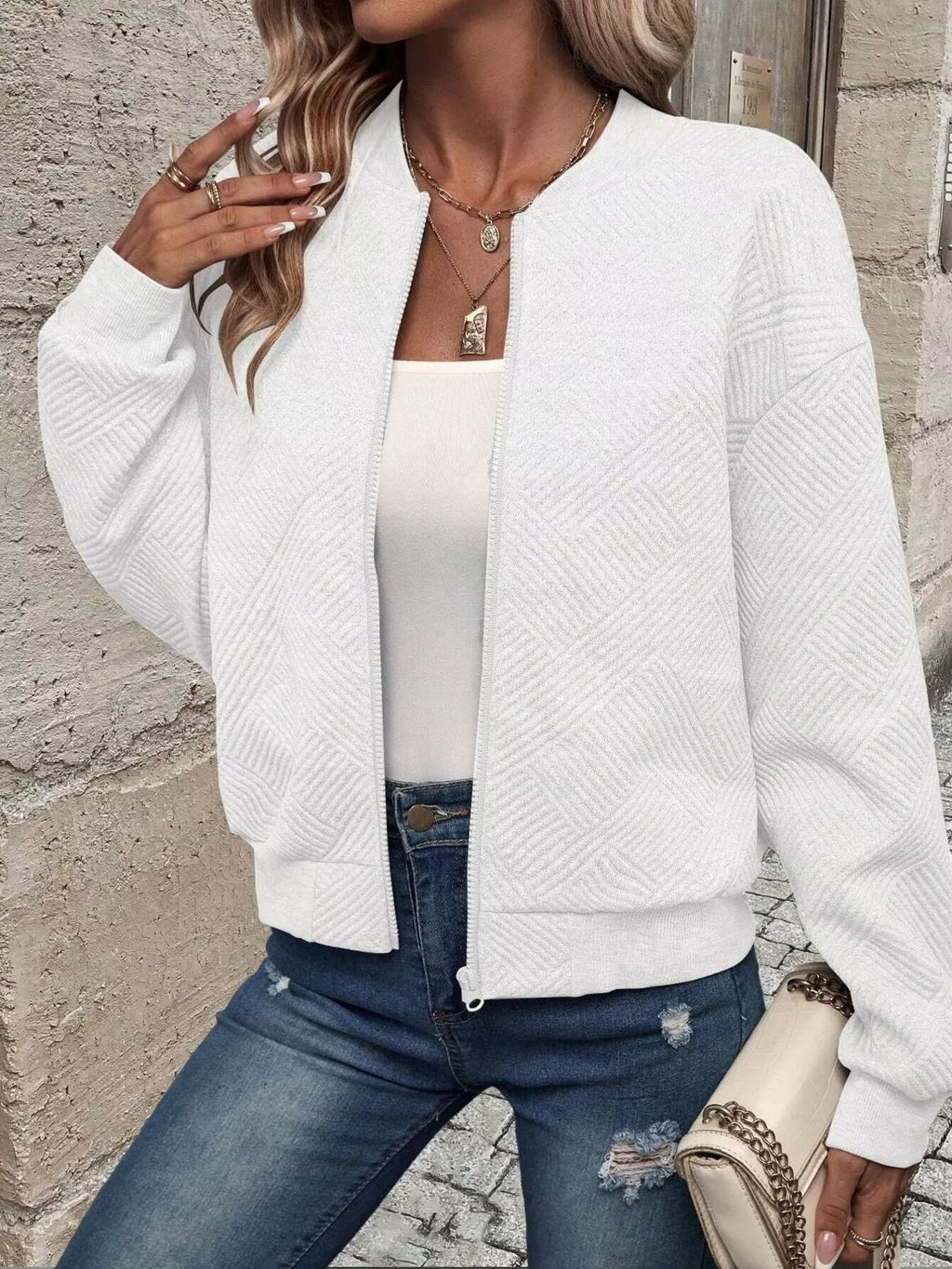 Zip-Up Textured Long Sleeve Jacket