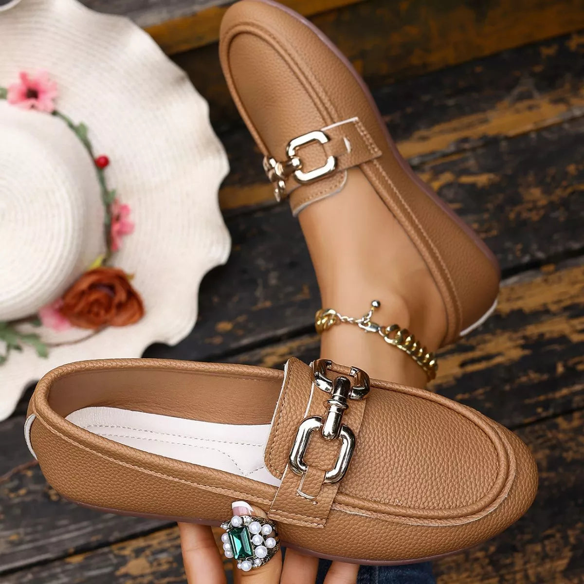 Buckle Decor Round Toe Slip-Ons