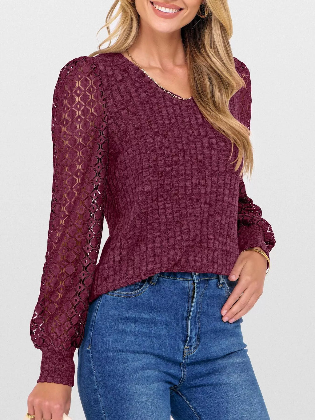 Lace Sleeve V-Neck T-Shirt