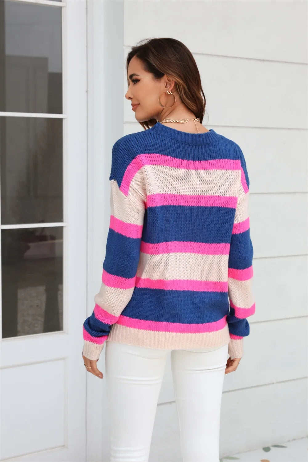 Angel Wings Color Block Round Neck Dropped Shoulder Sweater