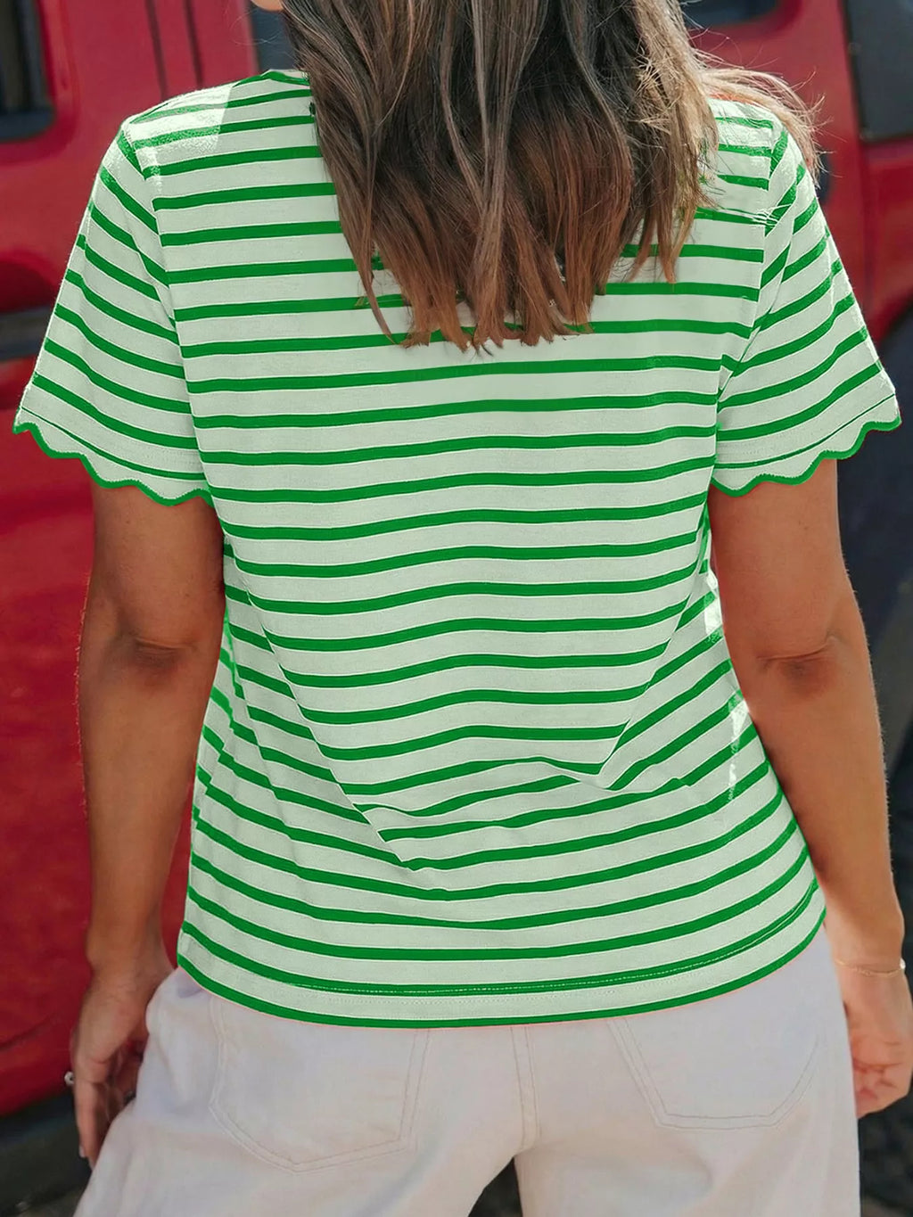 Striped Scallop-Trimmed Round Neck T-Shirt