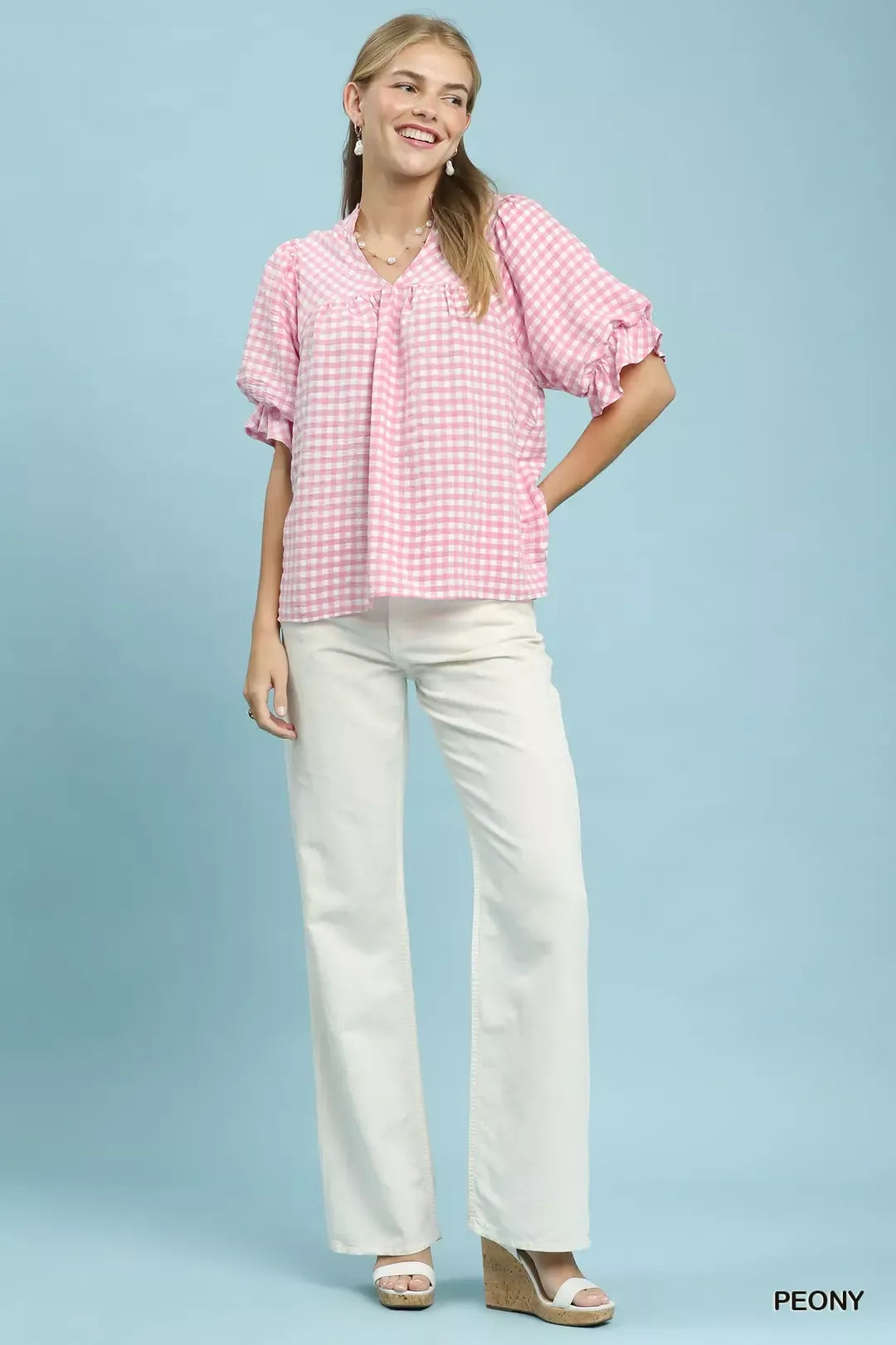 Umgee Gingham Check Blouse with Ruffle Sleeves