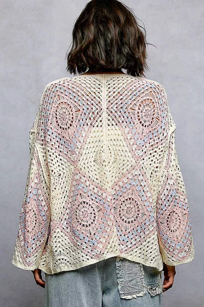 POL Open Front Crochet Cardigan with Granny Square Pattern