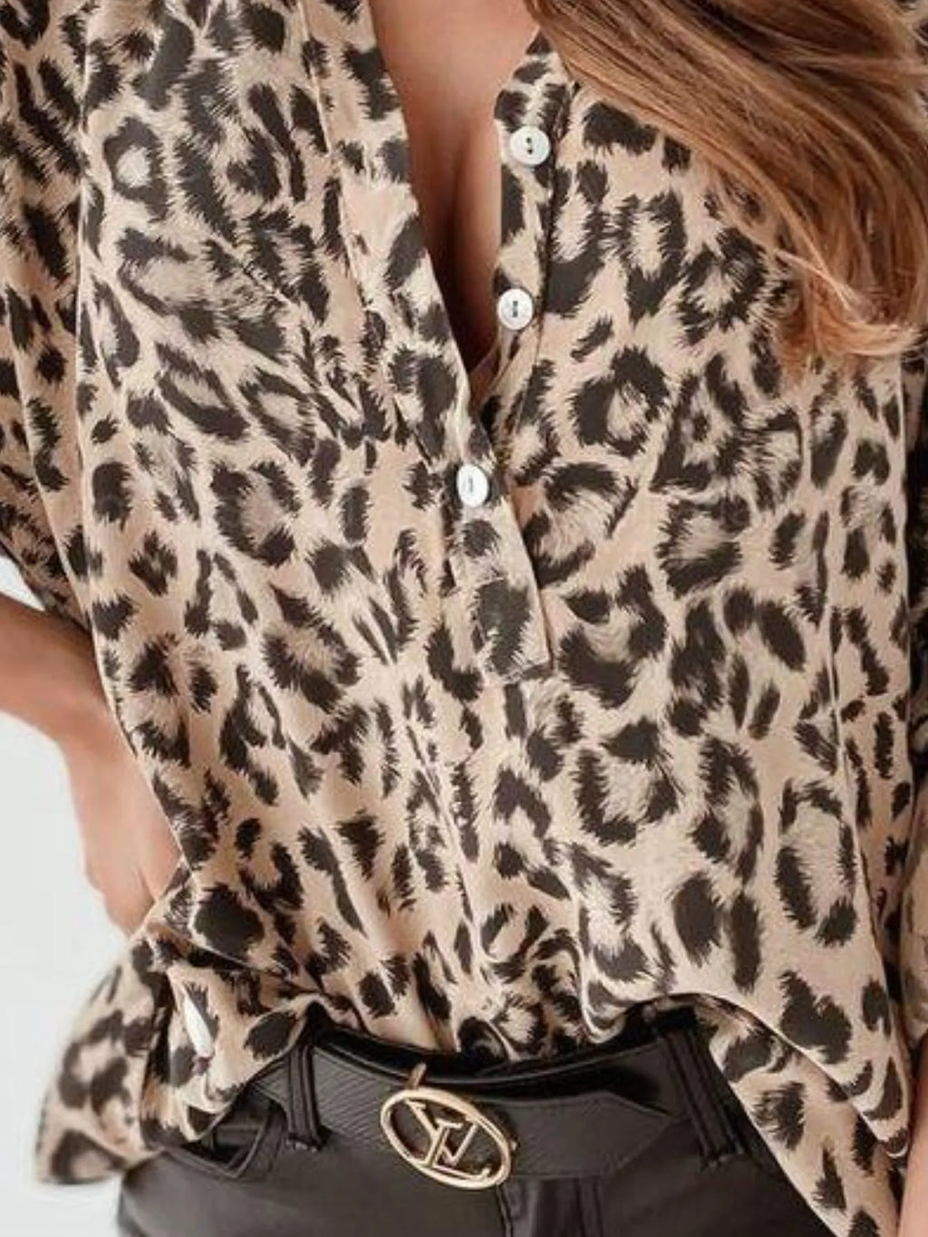 Full Size Leopard Print Roll-Tab Sleeves Blouse Plus Size