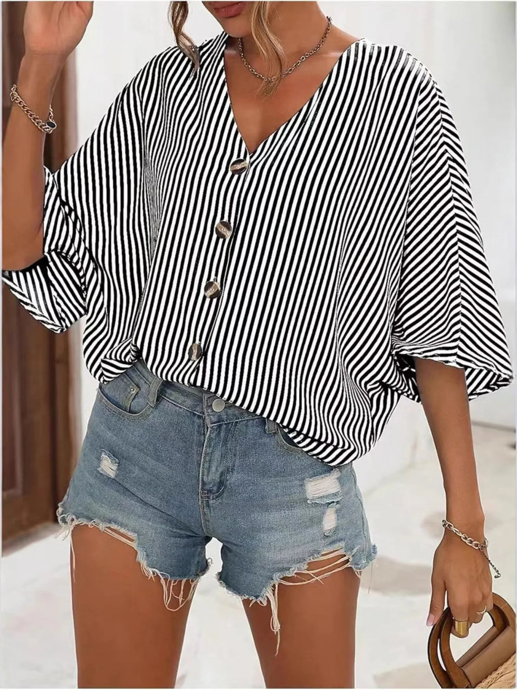 V-Neck Striped Batwing Sleeve Casual Blouse