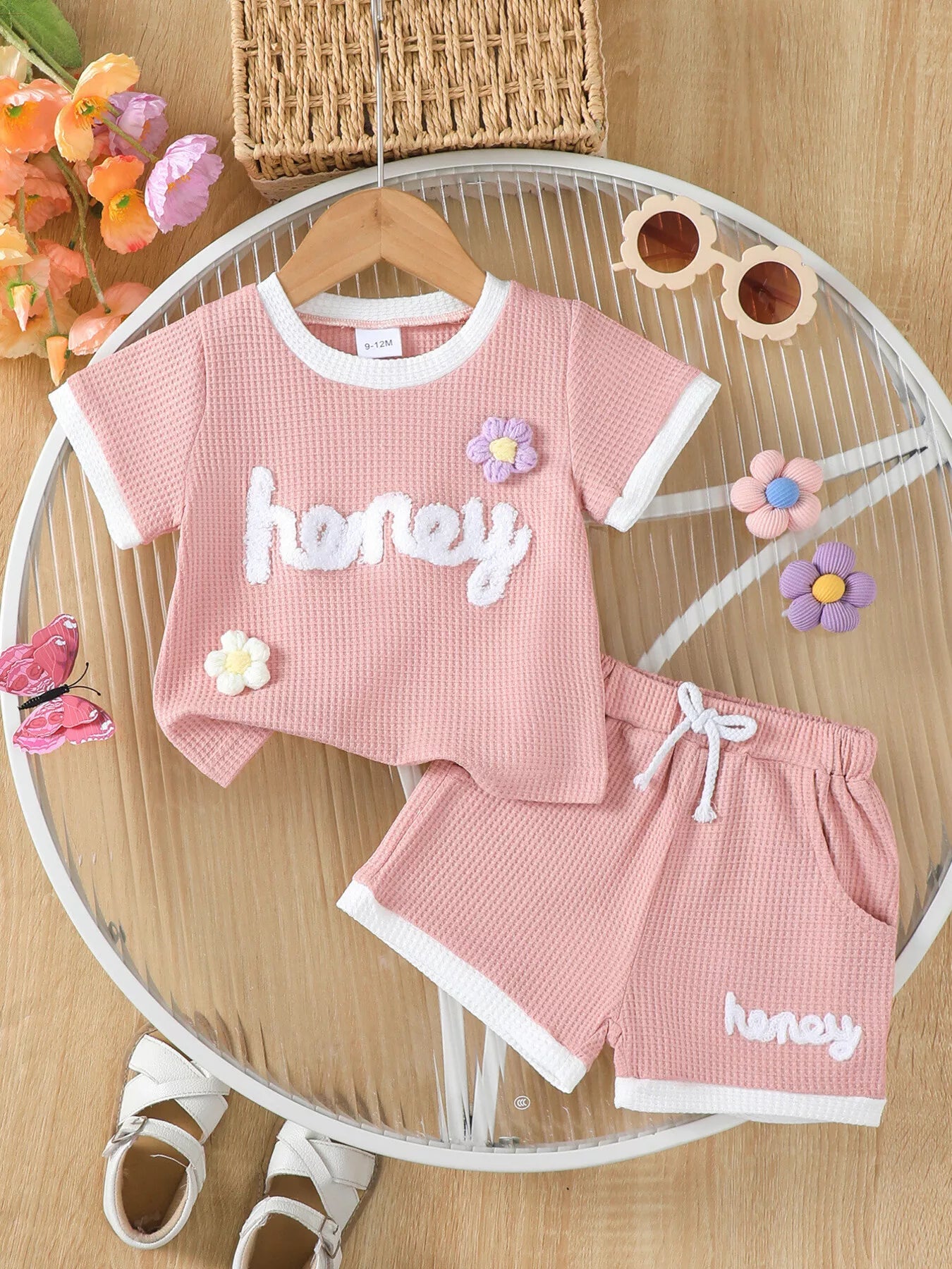 Children's Honey Flower Waffle Knit Tee and Shorts Set
