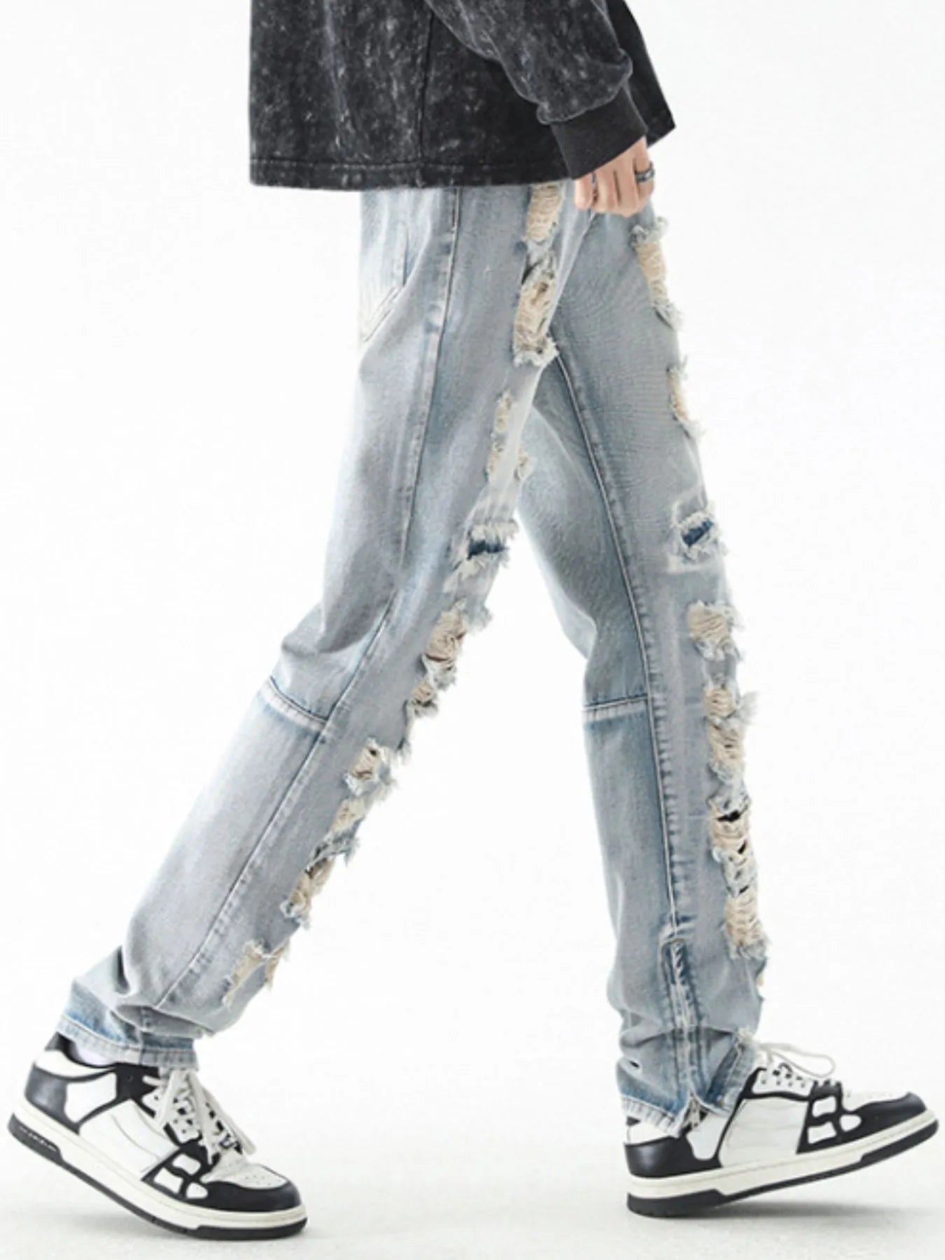 Men's Washed Distressed Straight Jeans