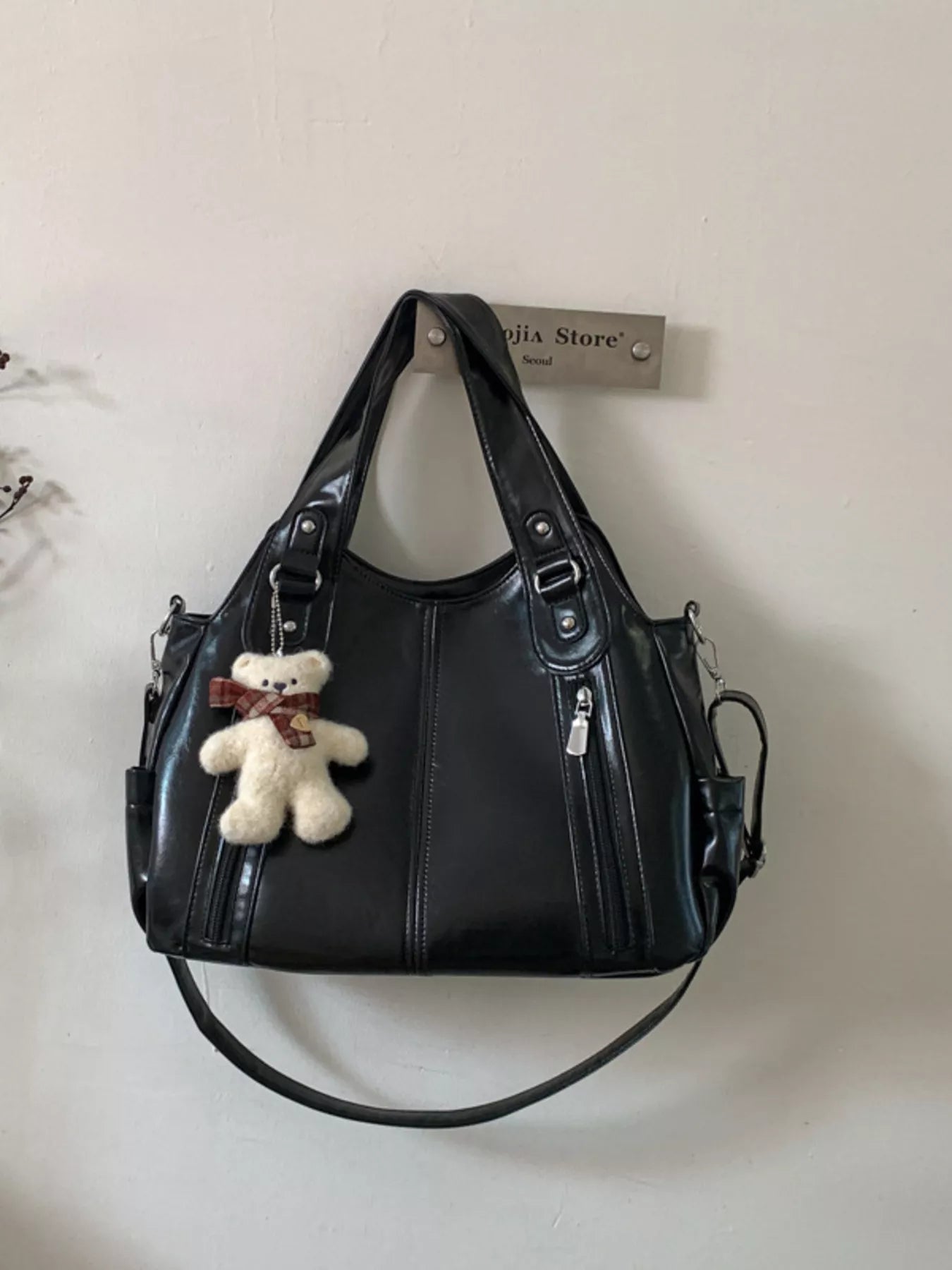 Leather Shoulder Bag with Bear Charm