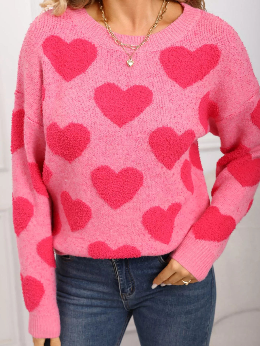 Valentine's Day Heart Pattern Round Neck Sweater