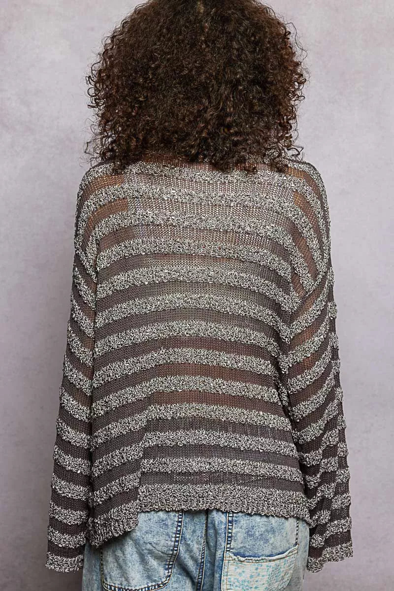 Stripe Pattern V-Neck Long Sleeve Knit Top