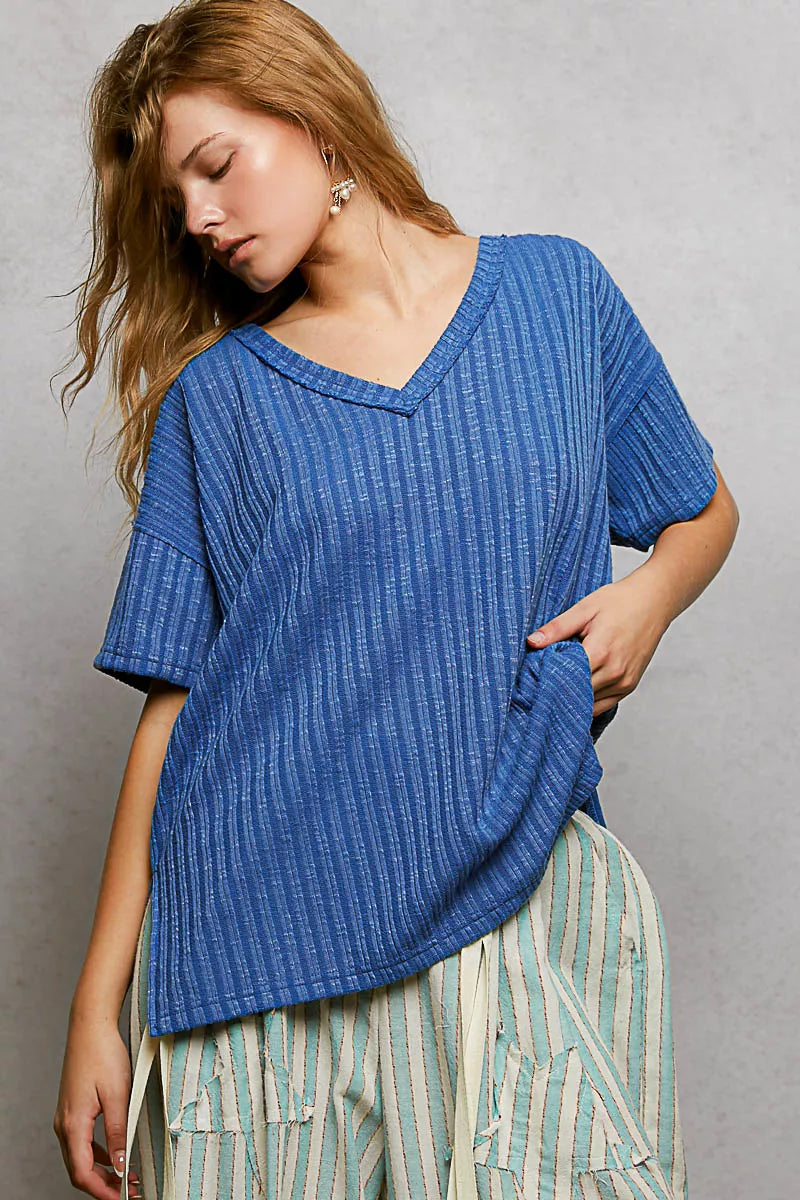 POL Ribbed Knit V-Neck Short Sleeve T-Shirt with Side Slit