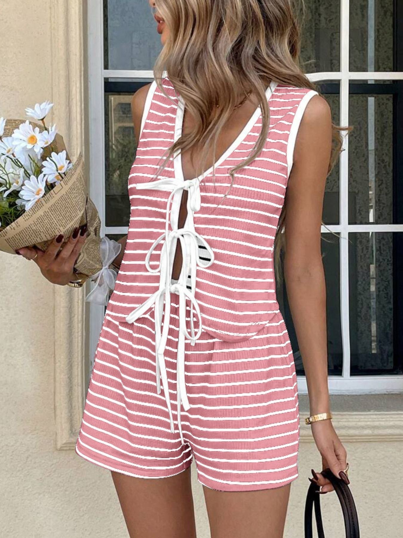 Striped Knit Tie-Front Sleeveless Top & Shorts Set
