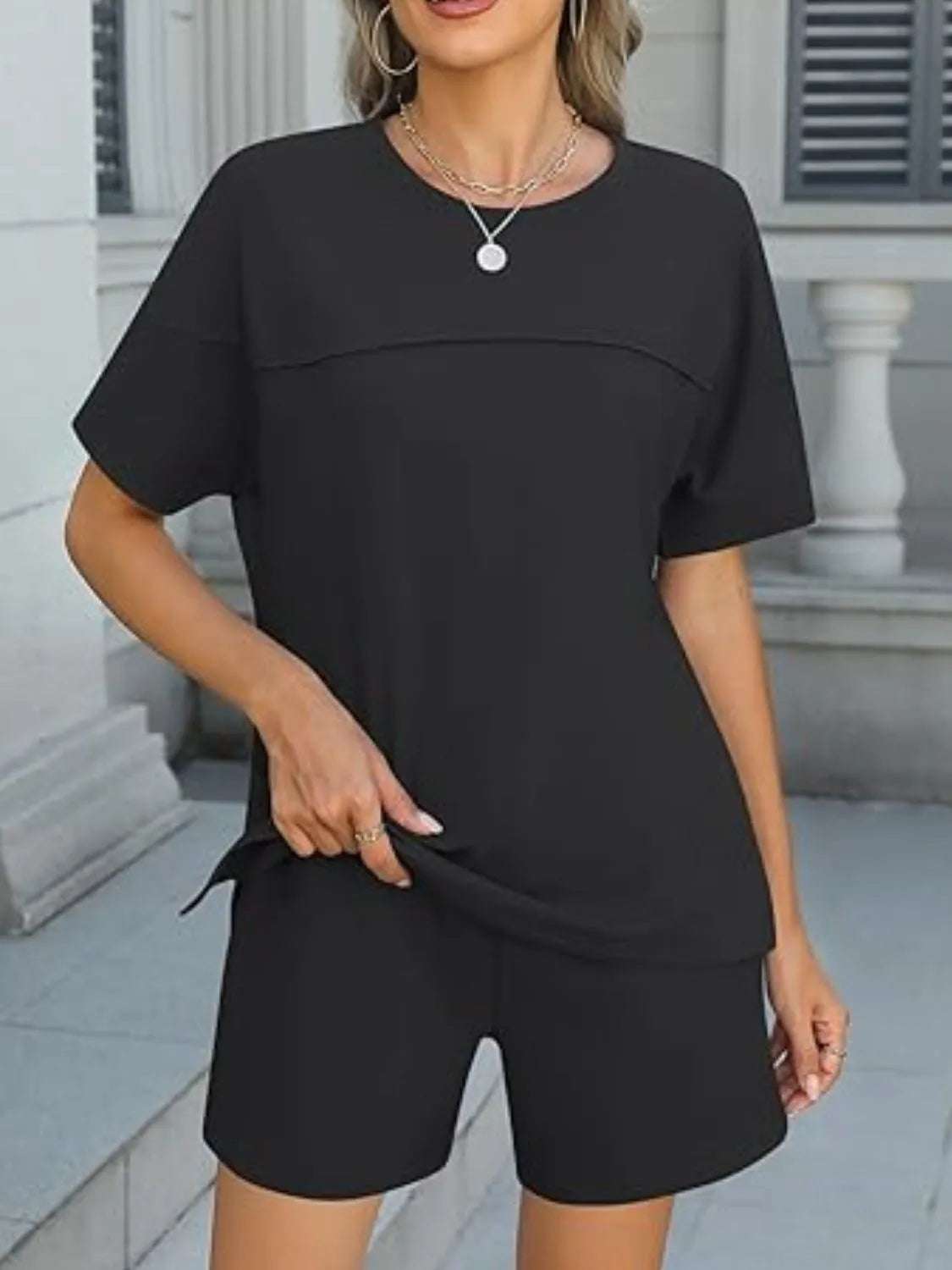 Round Neck Short Sleeve Top and Shorts Set