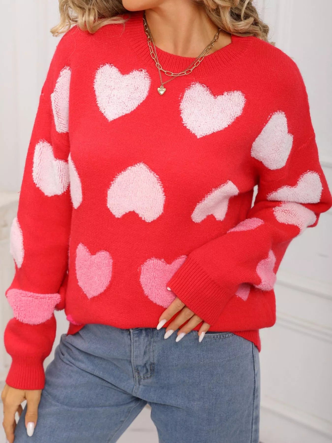 Valentine's Day Heart Pattern Fuzzy Knit Sweater