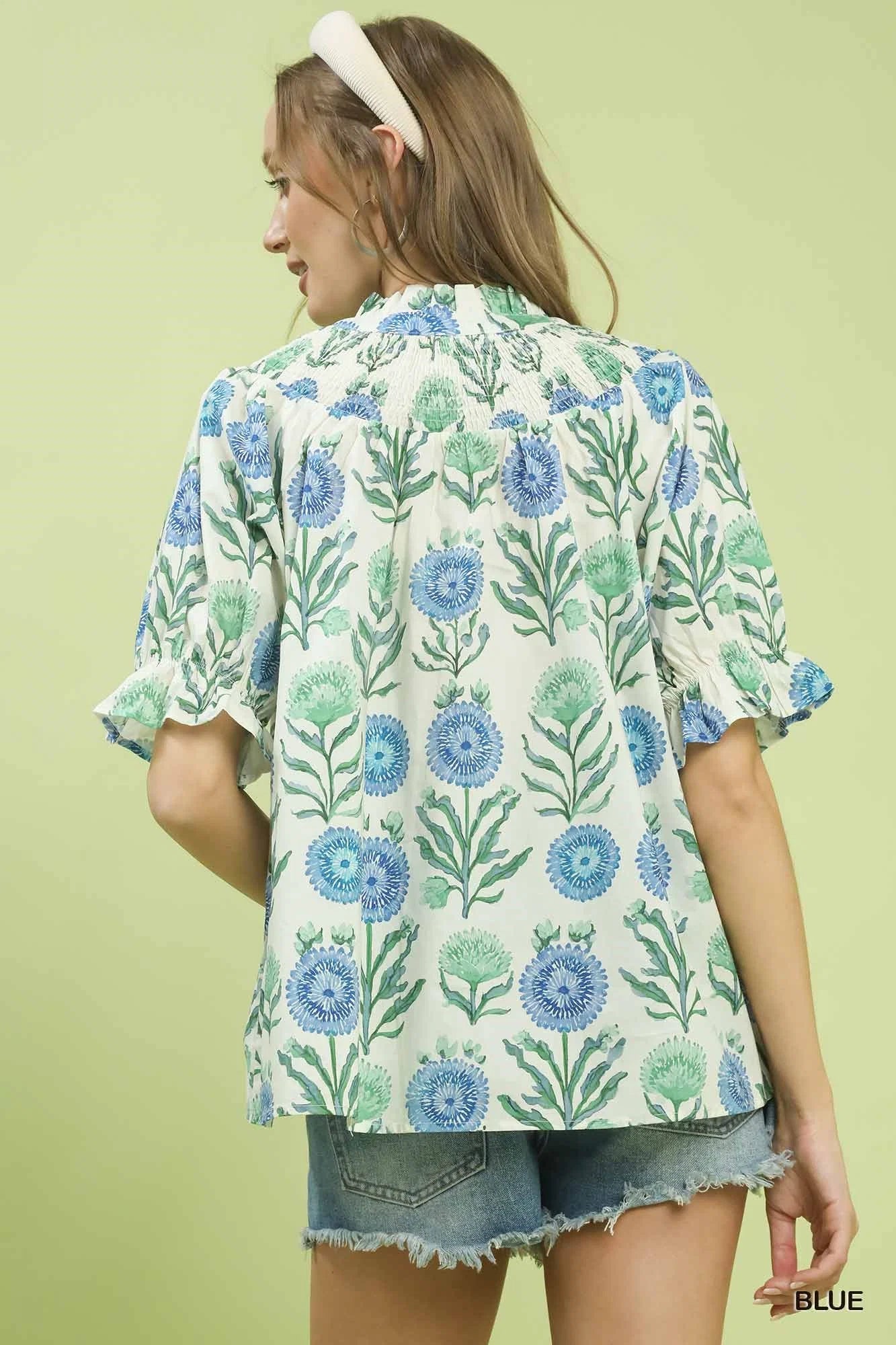 Umgee Floral Button-Front Short Sleeve Top