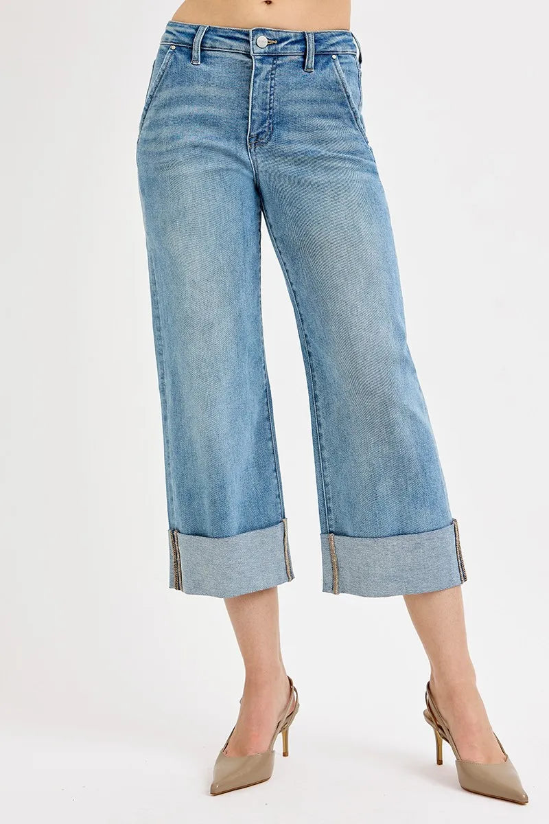 RISEN Full Size Tummy Control High Rise Ankle Wide Cuffed Jeans Plus Size