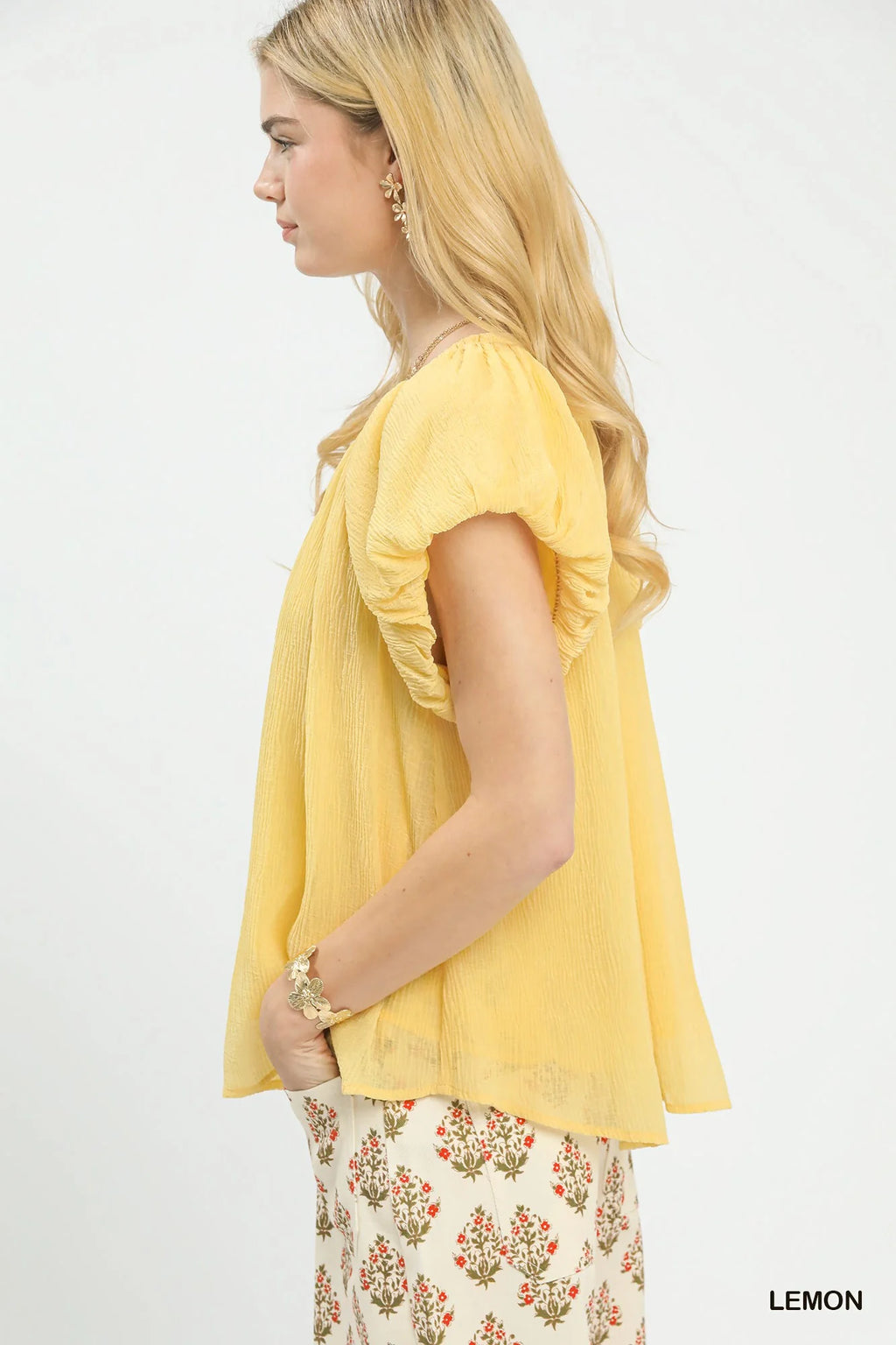 Umgee Crinkle Flutter Sleeve Peasant Top