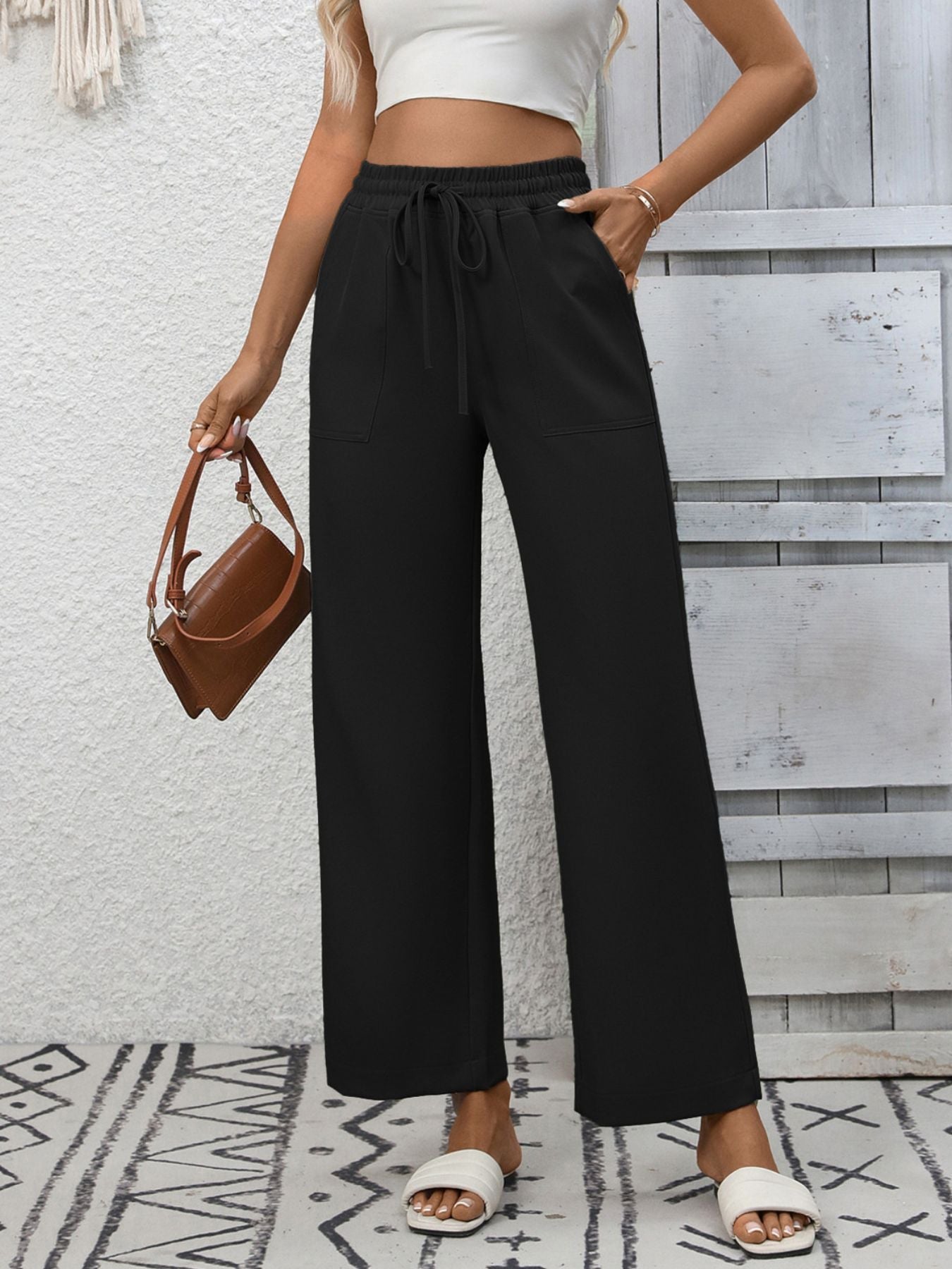 Casual Drawstring Wide Leg Pants