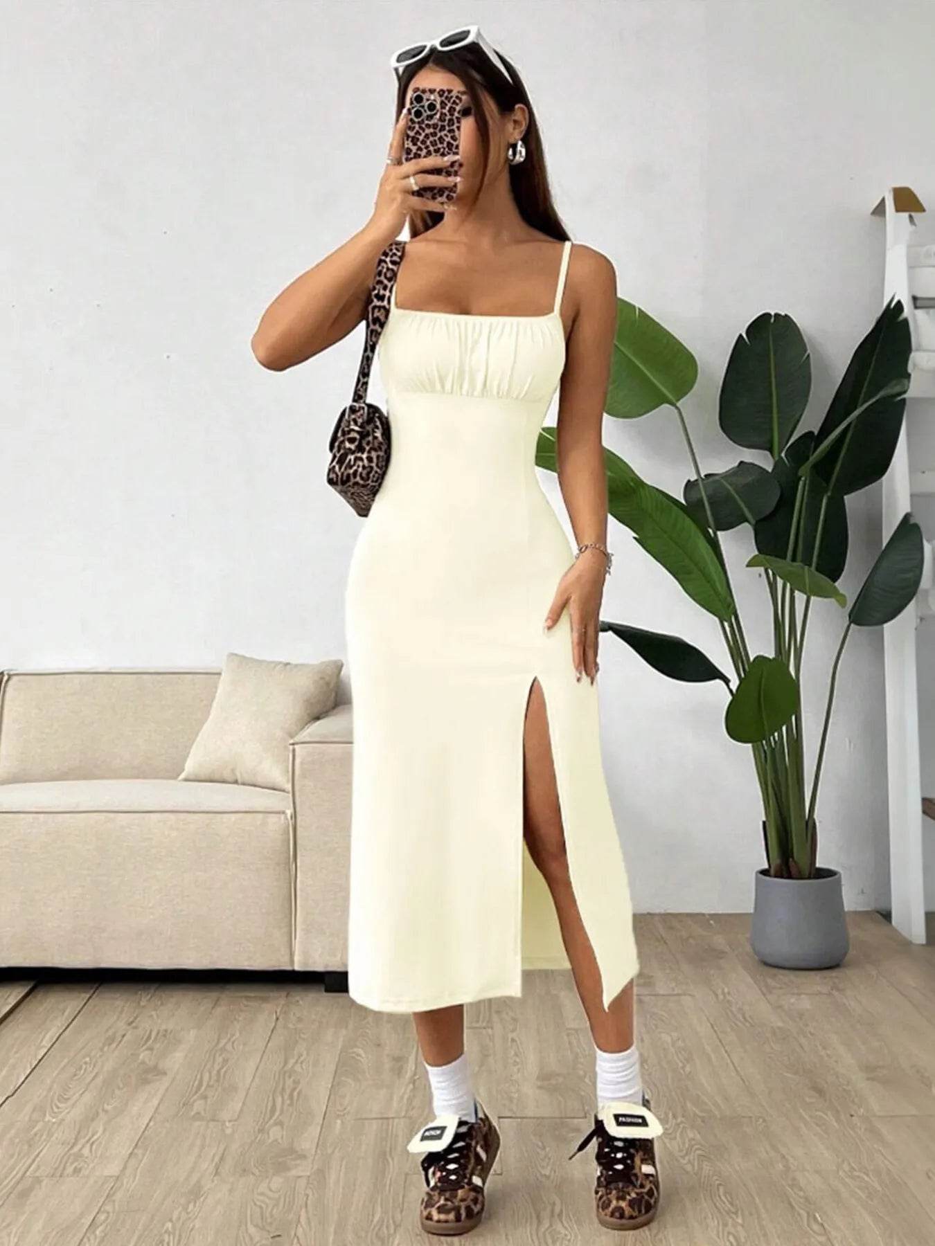 Slit Bodice Midi Cami Dress