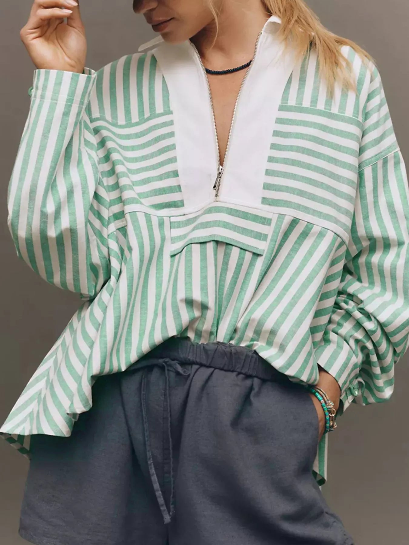 Stripe Half Zip Long Sleeve Swing Top
