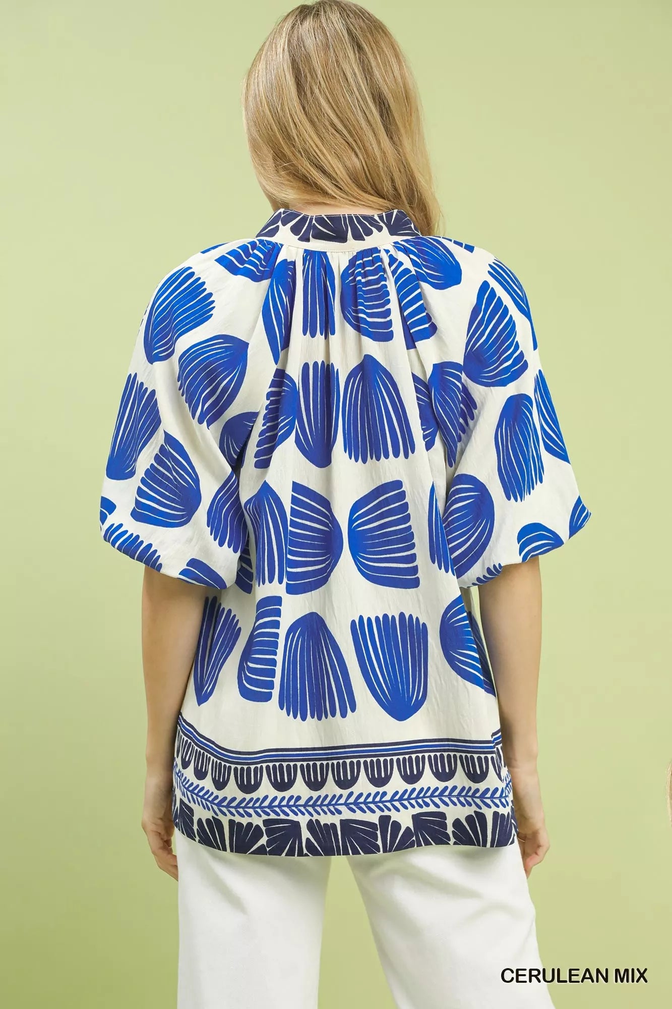 Umgee Shell Block Border Print Puff Sleeve Blouse