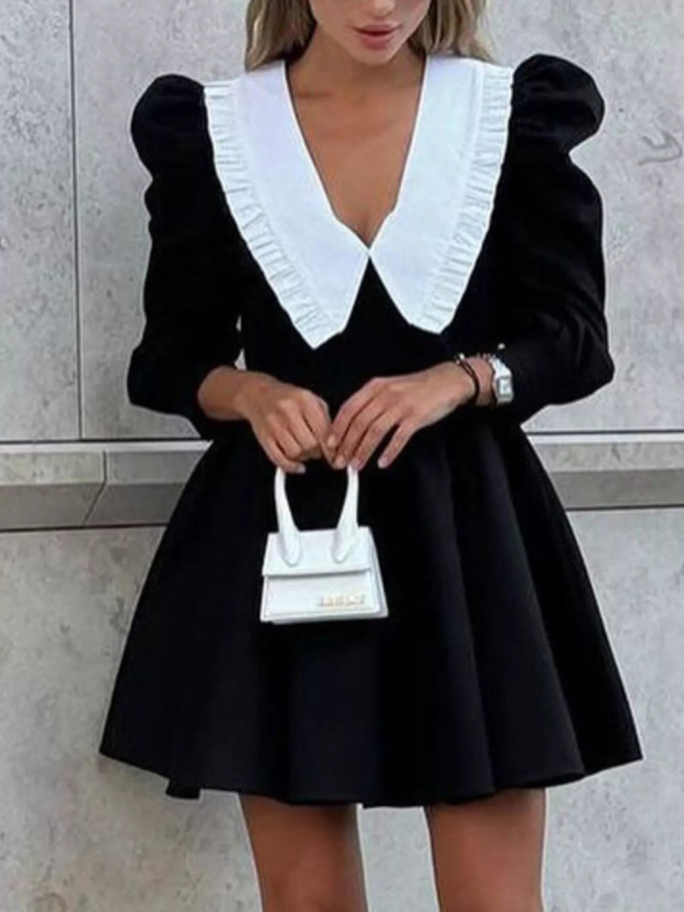 Puff Sleeve Contrast Collar Dress