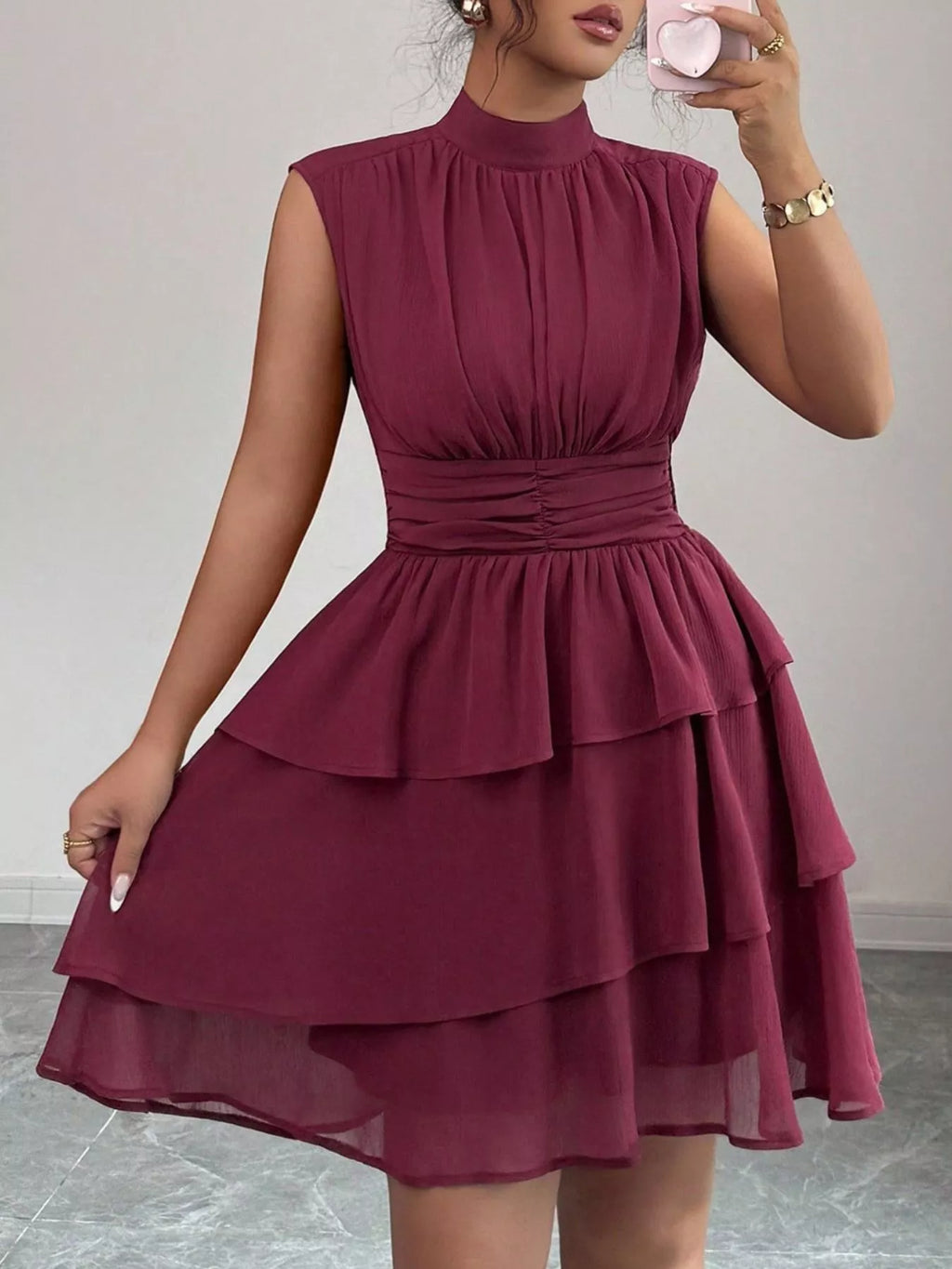 Sleeveless Mock Neck Layered Ruffle Dress
