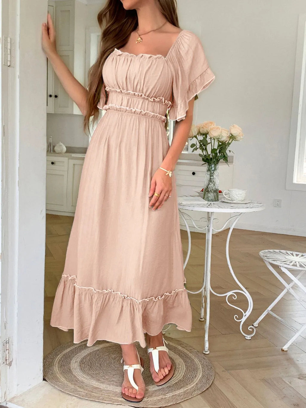 Square Neck Puff Sleeve Ruffle Trim Maxi Dress
