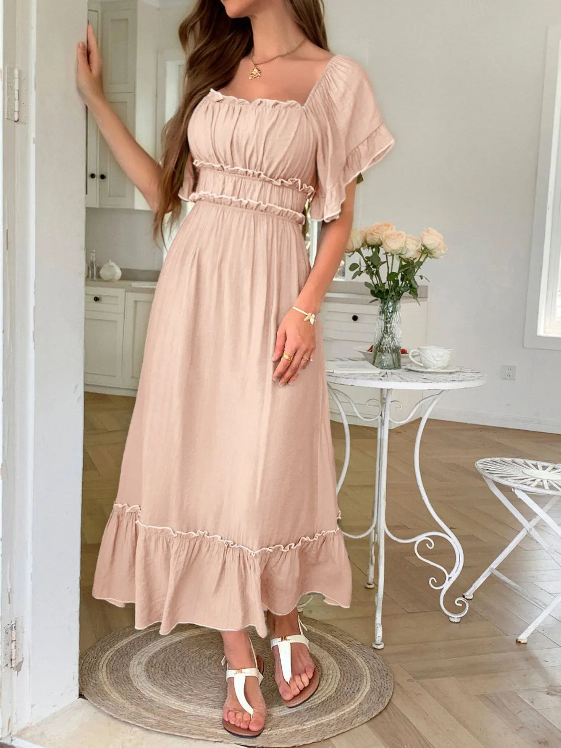 Square Neck Puff Sleeve Ruffle Trim Maxi Dress