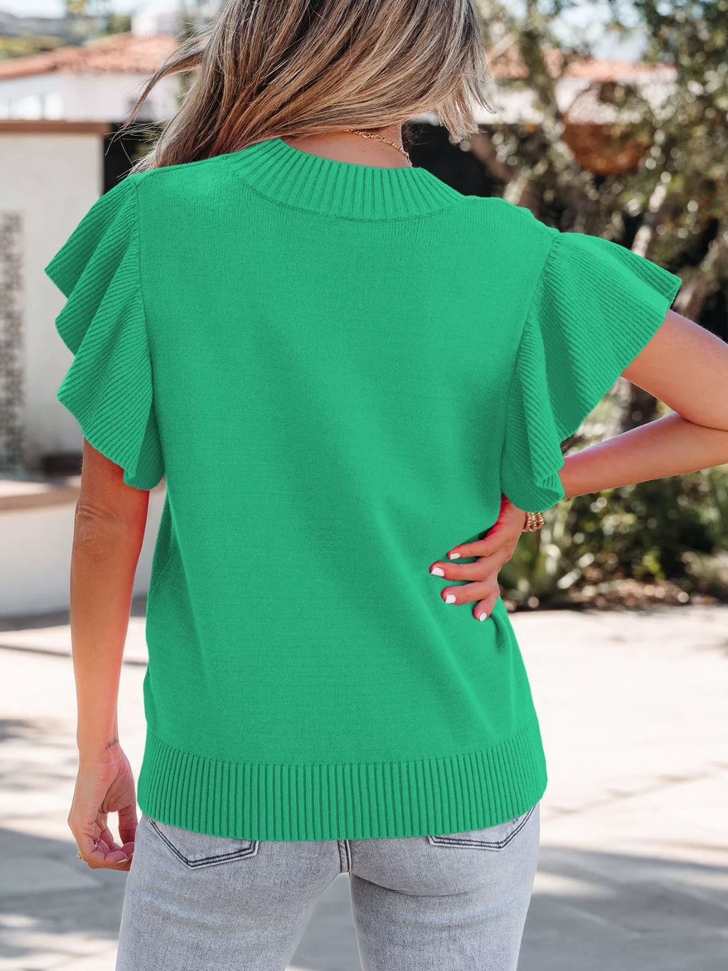 Solid Color Ribbed Trim Round Neck Ruffle Short Sleeve Sweater
