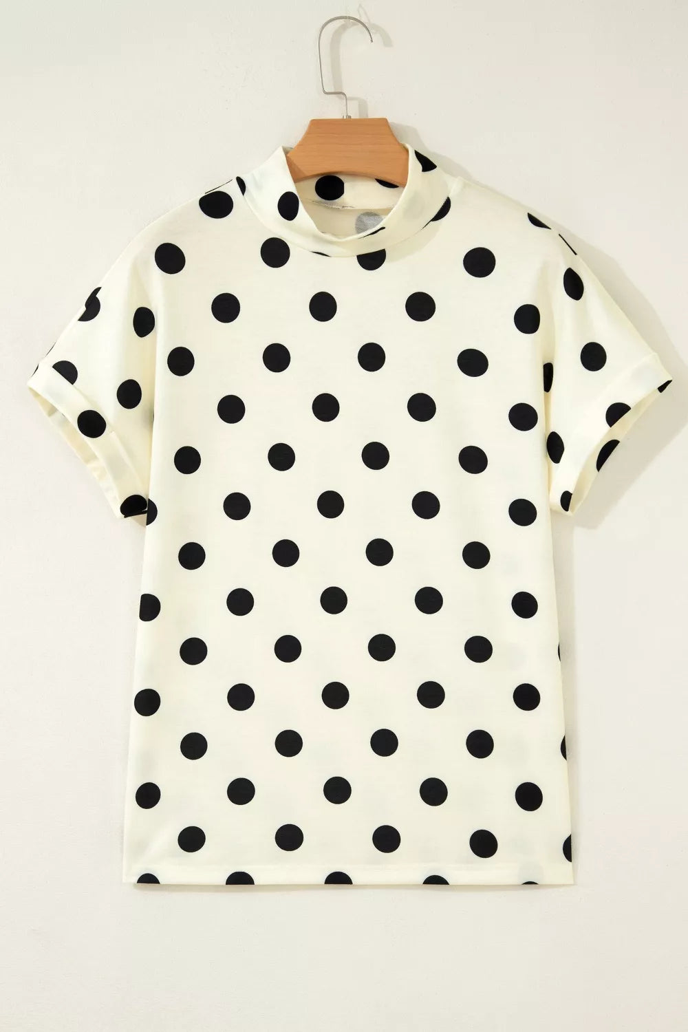 Polka Dot Mock Neck Short Sleeve Blouse