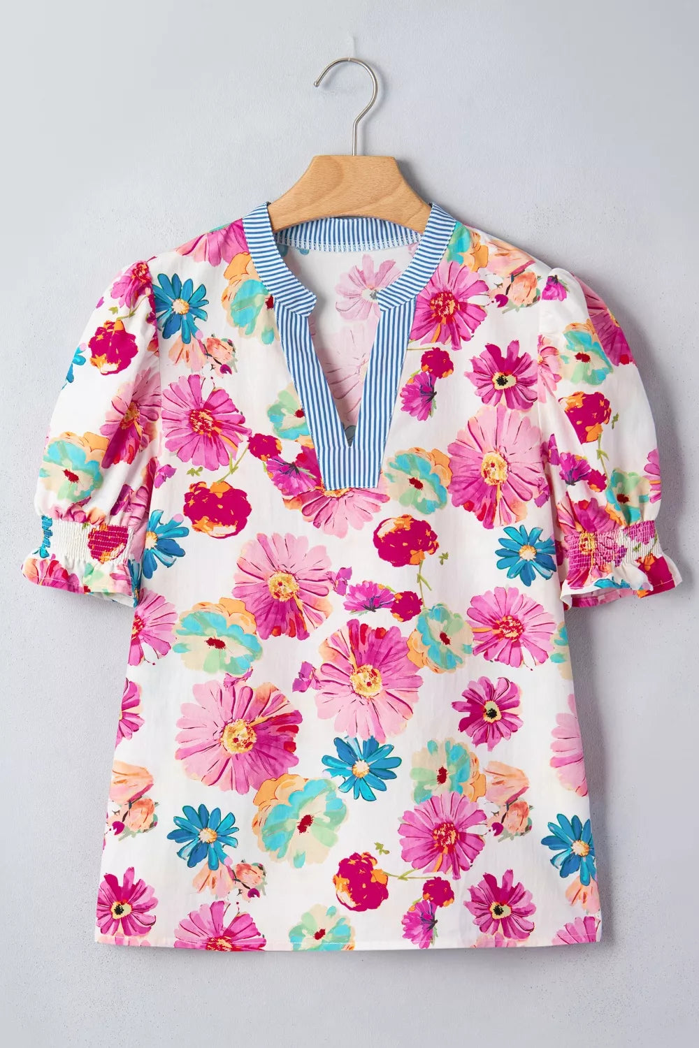 Floral Print Short Puff Sleeve Striped Trim V Neck Blouse