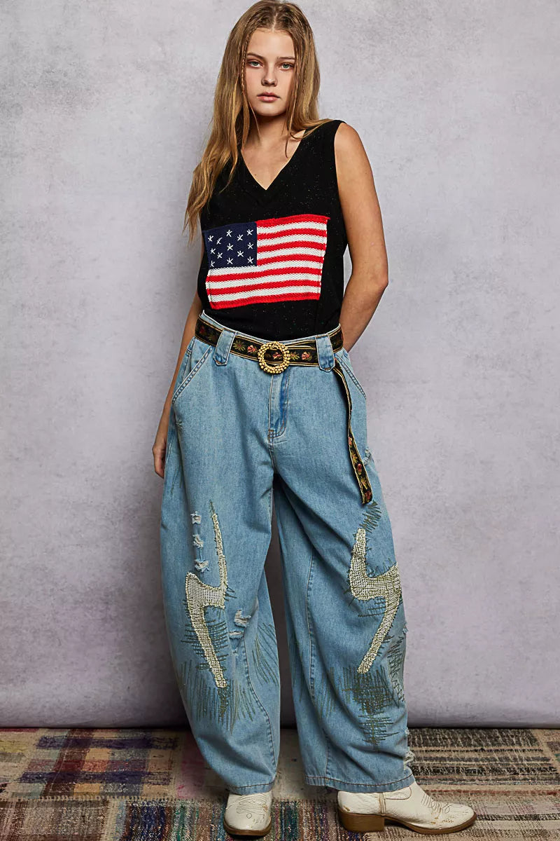POL V-Neck Ribbed Tank with American Flag Patch and Star Back Patch