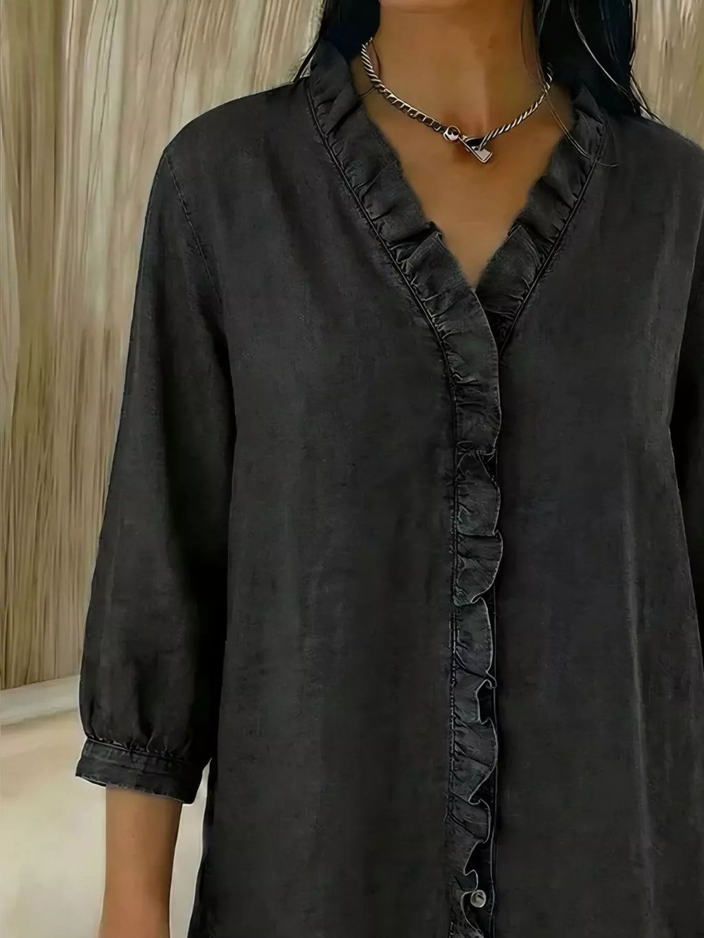 Full Size V-Neck Ruffled Button Down Shirt Plus Size