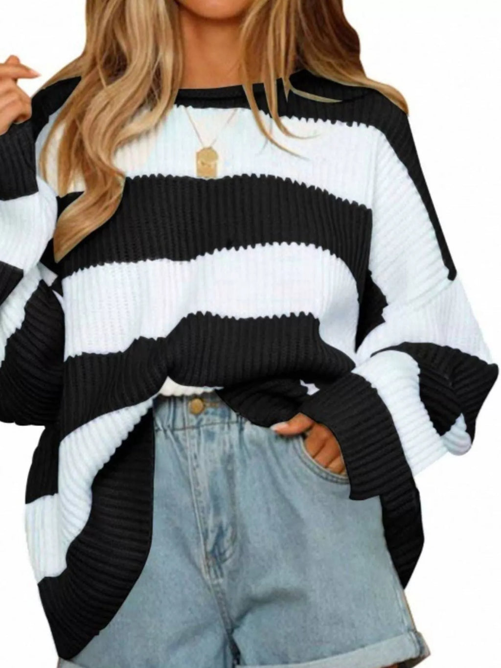 Contrast Striped Round Neck Sweater