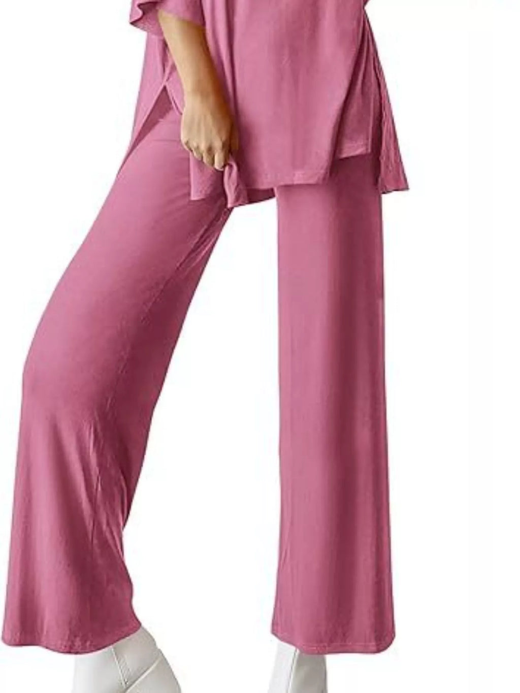 Slit Round Neck Top and Pants Set